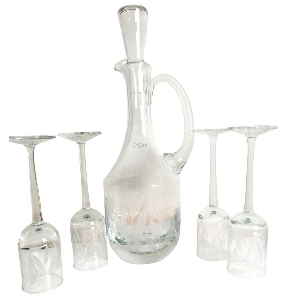 Vtg Mid Century Toscany Etched Tulip Crystal Wine Decanter Set 4 Glasses Stopper